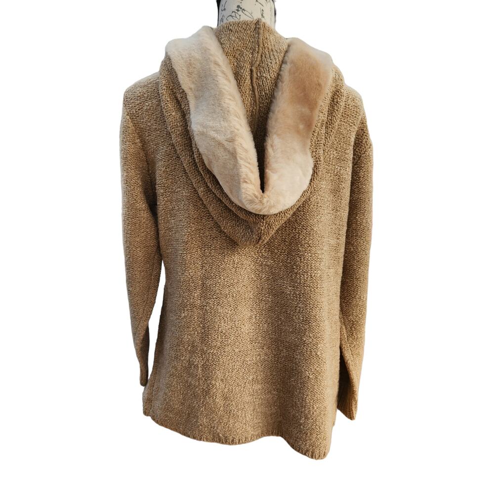 Small Oversized Tan Knit Coat Jacket Faux Fur Hood Zip Heavy Y2K Cozy - Picture 4 of 12